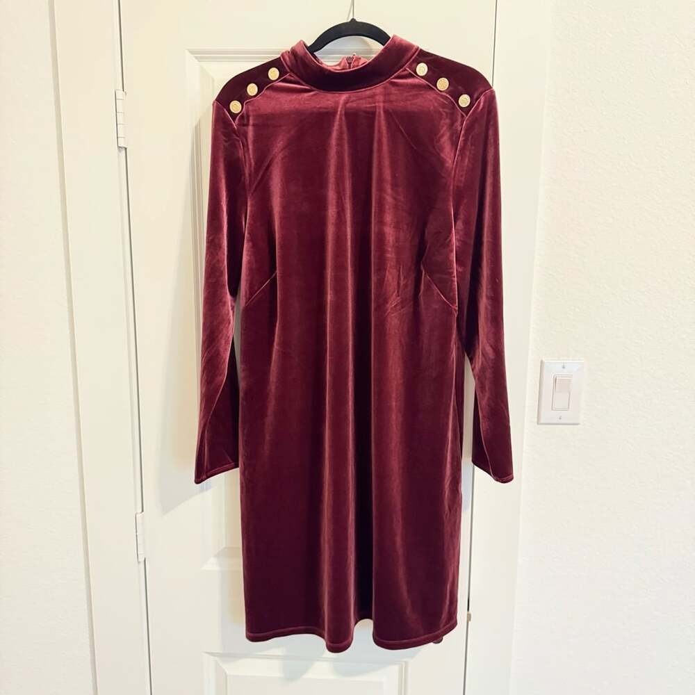 Talbots Velvet Shift Dress Size XL Burgundy Mock Neck Gold Buttons